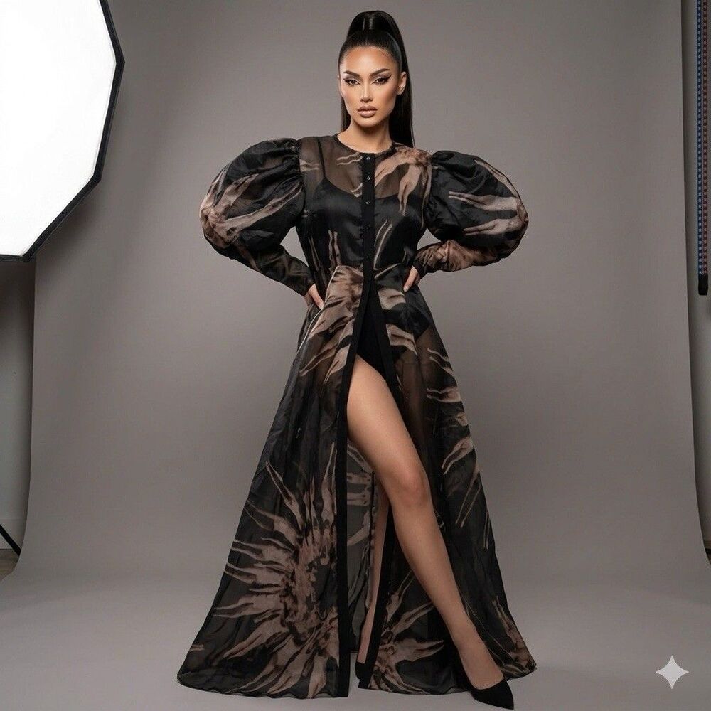 DRAMATIC Sheer Organza Puff Sleeve Maxi Dress Abstract Print Open Front S-L